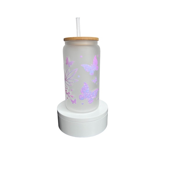 Pink Blue Butterfly and flowers Handmade Libbey Glass Cup - Picture 5 of 5